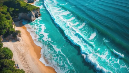 Wall Mural - Aerial view of a stunning tropical beach with turquoise waters and golden sands, showcasing waves crashing onto the shore in a summer seascape.