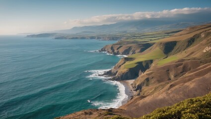 Wall Mural - Stunning coastal landscape view with cliffs greenery and tranquil ocean under clear skies showcasing nature's beauty and serenity.
