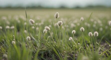 Fototapete - Soft White Grass Flowers Blooming in a Lush Green Field Under a Clear Sky in Natural Light