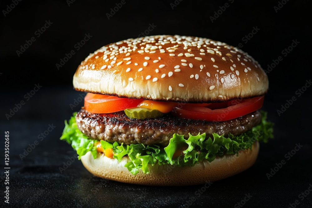 Ein saftiger Hamburger mit Tomaten und Gurken. Der goldene Sesam ...