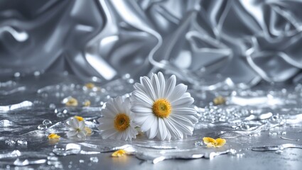 Fototapete - Delicate white daisies on a shimmering silver background with water droplets and scattered yellow petals for a serene and elegant atmosphere.