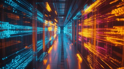 Fototapete - Futuristic data center with glowing blue and orange lights, reflecting digital speed and technology. Innovation and network infrastructure concept