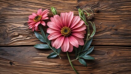 Fototapete - Vibrant pink flowers with green leaves arranged on rustic wooden background showcasing natural beauty and elegance.