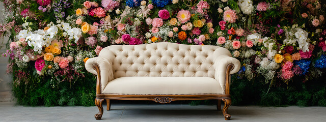 a vintage sofa with soft, velvety fabric and elegant wooden legs sits in front of an array of colorf
