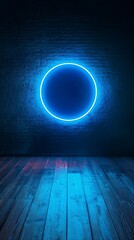 Aufkleber - Circular blue neon light on dark brick wall illuminating wooden floor, futuristic glow. Modern art and design concept