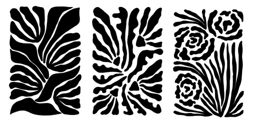 Wall Mural - set of groovy floral botanical black background in trendy naive retro hippie 60s 70s style. vertical