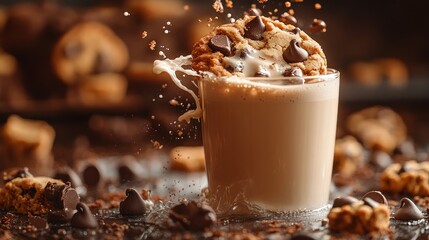 Wall Mural - Chocolate chips on the floor and a chocolate chip cookie that falls into a glass of milk, causing a splash of milk