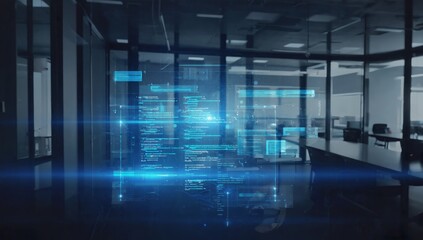 Digital code projected in modern office