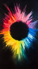 Poster - Vibrant explosion of colorful paint forming a circle on black background, dynamic splatter. Abstract art and creativity concept