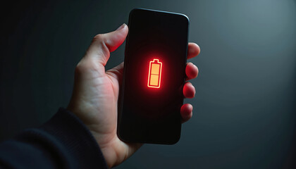 Hand holds smartphone with low battery icon on screen over dark background. Mobile phone shows battery level. Red battery symbol lights. Charge smart device. Energy crisis, power consumption concept.