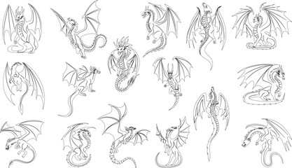 Wall Mural - set of dragon sketch on white background, vector