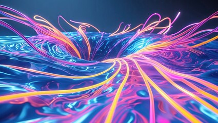  An intricate display of swirling colors and dynamic shapes form a vibrant abstract background. Fluid motions and glowing lines create an energetic atmosphere full of movement