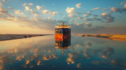 Aufkleber - Massive cargo ship sails through calm waters during sunset, with vibrant clouds reflecting in the mirror like surface and sandy banks framing the picturesque scene.