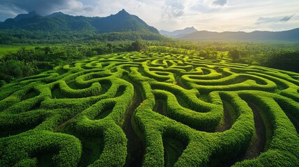 aerial view lush green hedge maze complex intricate pathways winding design beautiful nature landsca