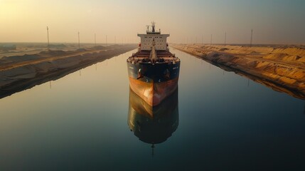 Aufkleber - A massive cargo vessel moves gracefully through a narrow canal at dawn, with still water mirroring the vessel and gentle light illuminating the banks.