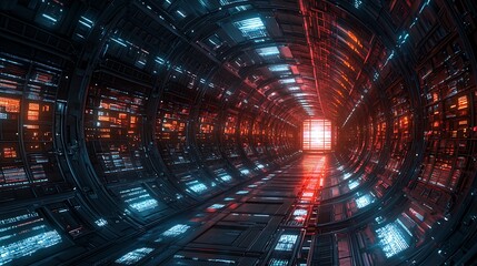 Wall Mural - Futuristic spaceship corridor, glowing red and blue lights, end window, science fiction background