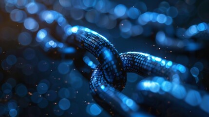Fototapete - A close view of a metallic chain links infused with binary code illuminated by soft blue light, reflecting innovation and interconnectedness in the digital realm.