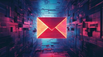 Aufkleber - Neon red envelope icon in futuristic digital space with blue and purple hues, representing email communication. Cyber technology and digital communication concept