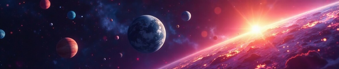 colorful planets and space debris orbiting a bright star, space, outer space