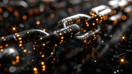 Fototapete - Glowing chain links intertwine, illustrating digital connectivity and security in a dark, tech inspired setting with sparkling lights enhancing the atmosphere.