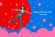 © deagreez - Composite art 3d creative image collage of happy girl dance international woman day party flowers spring season on drawing background