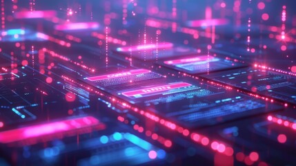 Poster - A visually striking digital environment presents interconnected data panels illuminated by bright pink and blue lights, evoking a sense of technology and innovation in an advanced realm.