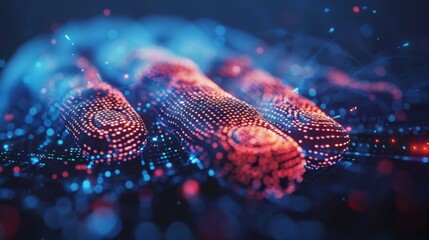 Poster - Glowing digital fingerprint patterns create a striking visual effect in blue and red hues, representing advancements in biometric security and technology in a modern setting.