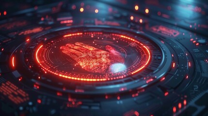 Fototapete - A fingerprint scanner is prominently featured on a digital display with intricate designs, glowing red and blue lights creating a high tech atmosphere, emphasizing digital security technology.
