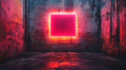 Aufkleber - Neon pink square glowing on grungy concrete wall in dark room with reflections. Modern art and urban aesthetic concept