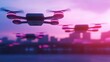 © Lion - Fleet of delivery drones hovering in a vibrant urban skyline at sunset