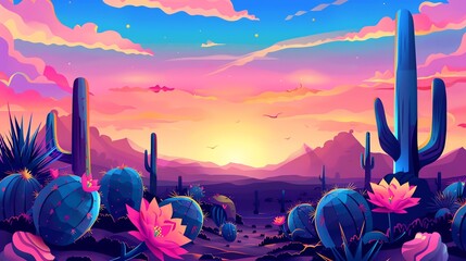 Wall Mural - A colorful illustration of a desert landscape at sunset.