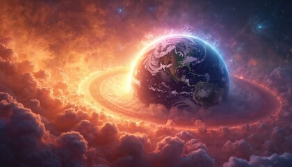 Wall Mural - earth surrounded by ring, bright energy field, clouds. elements of space, cosmos, planet. sky with g