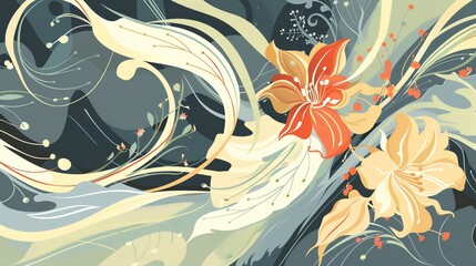 Wall Mural - a stylized floral pattern with orange, red, white, and gray flowers and leaves.
