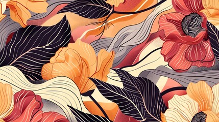 Wall Mural - abstract floral pattern with orange, red, white, and gray flowers and leaves.