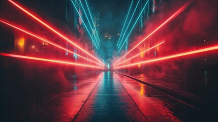 Wall Mural - cyberpunk city street at night with neon lights.