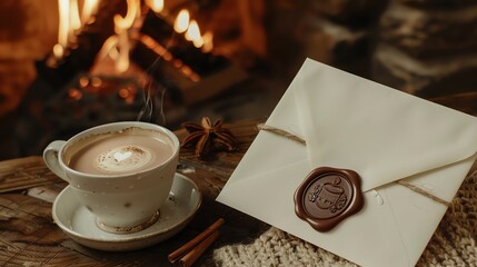 Wall Mural - a cup of steaming coffee with a heart design on top sits next to a sealed envelope with a wax seal.