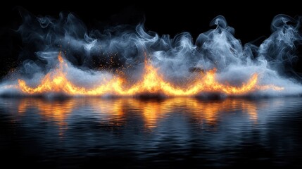 Poster - Fiery flames reflecting on water, smoky background