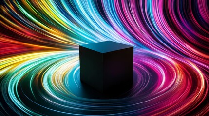 Aufkleber - Black cube in center of swirling multicolored light trails, vibrant energy and creativity concept