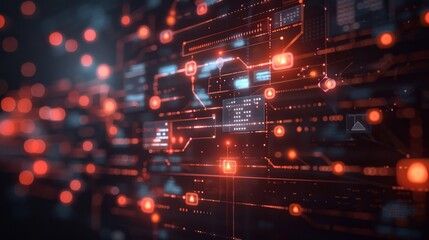 Fototapete - Close up view of a vibrant digital network filled with glowing nodes and interconnected paths, representing advanced technology and data transfer in a futuristic atmosphere.