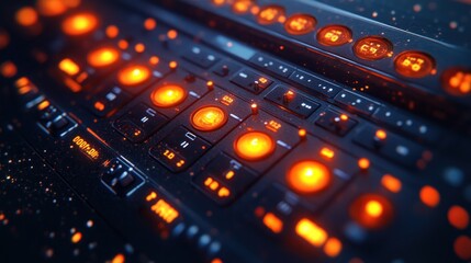 Futuristic control panel with glowing orange buttons and knobs.