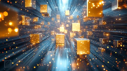 Wall Mural - Golden cubes fly through space; blue streaks, bokeh background; tech, data visualization