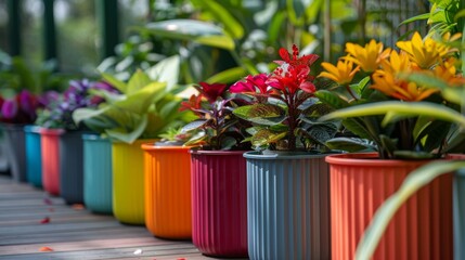 Poster - Brightly colored pots filled with various flowering plants line a wooden deck, illuminated by warm sunlight, creating a cheerful and inviting atmosphere in the garden.