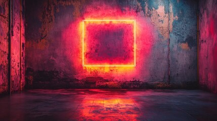 Aufkleber - Neon square in an abandoned urban setting with a vibrant pink glow reflecting on the worn walls and concrete floor. Modern art and urban exploration concept