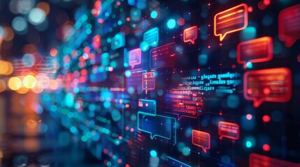 Aufkleber - A dynamic array of colorful chat bubbles illuminate a digital backdrop while glowing data streams create a lively atmosphere in a modern technological setting during nighttime.