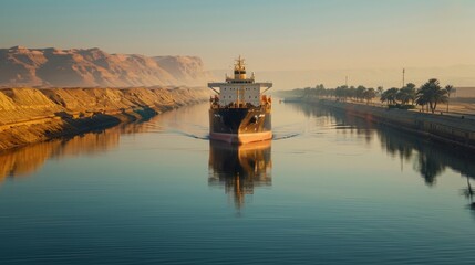 Aufkleber - A large cargo ship moves smoothly through a calm canal during sunrise. The still water reflects the vibrant colors of dawn and the surrounding desert mountains add a majestic backdrop.