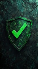 Poster - Green shield with check mark on textured background, symbolizing security and protection. Cybersecurity and data safety concept