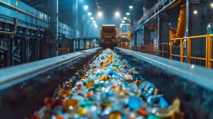 Aufkleber - Conveyor belt transports mixed plastic waste through a recycling facility, illuminated by overhead lights, showcasing the importance of waste management and recycling practices.