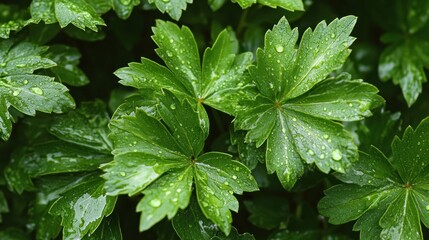 Wall Mural - Lush green leaves with water droplets. (1)