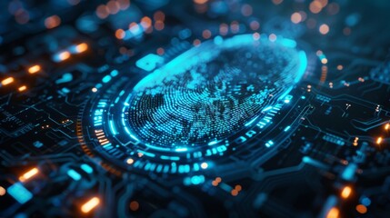 Poster - A vibrant digital fingerprint design completes a circuit board, illuminated by blue lighting in a high tech environment, showcasing innovation and security in technology.