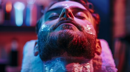 Poster - A young man lies back with a slick facial mask applied to his skin, surrounded by vibrant colored lights in a tranquil spa setting, enhancing relaxation and self care.